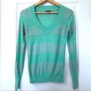 Express Green Sweater Metallic Silver Stripes Y2K Academia Preppy Collegiate
